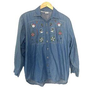 VTG Capacity Denim Button Up Shirt M Cotton Cottagecore Retro Western Embroidery